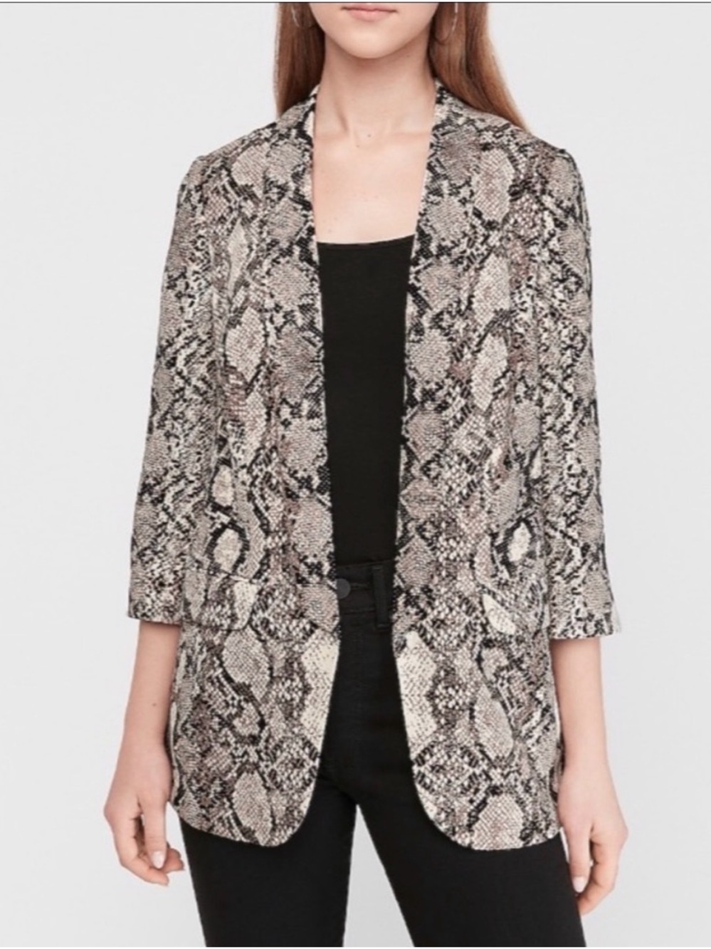 Express Snakeskin Animal Print Boyfriend Blazer Tan Black 3/4 Sleeves Maximalist